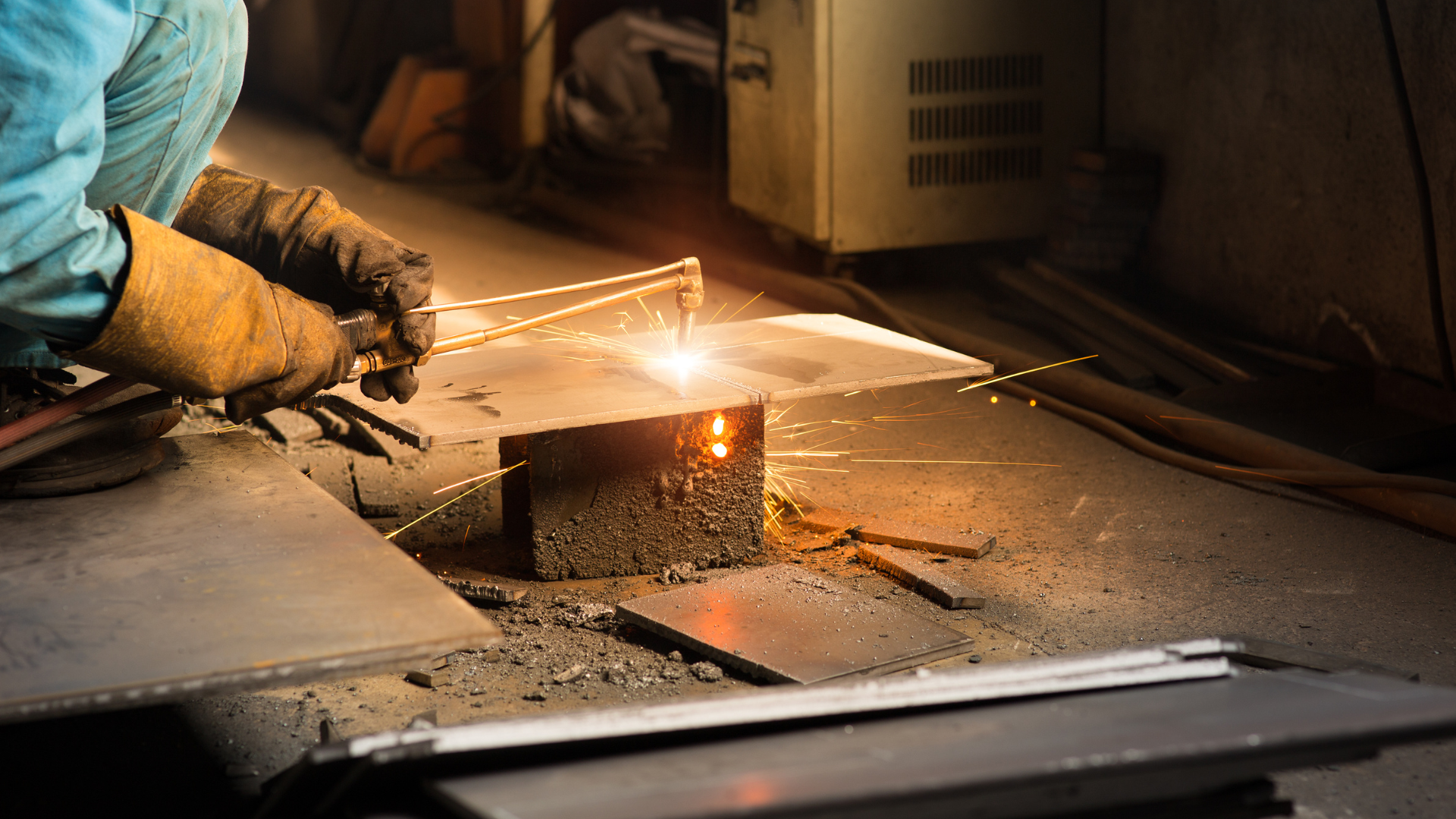 Person welding a metal sheet, creating bright sparks, wearing gloves and protective clothing in a workshop.